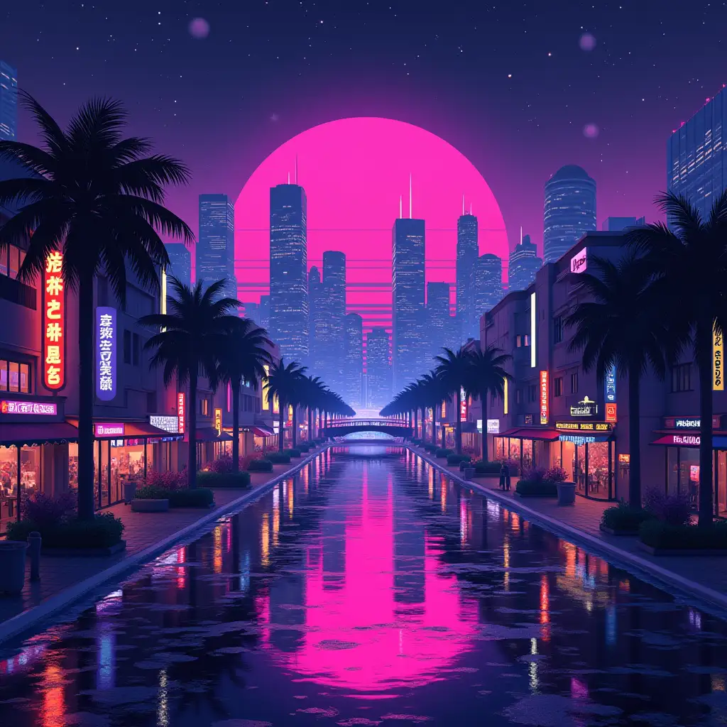 City in a vaporwave or retro neon style as a PNG background