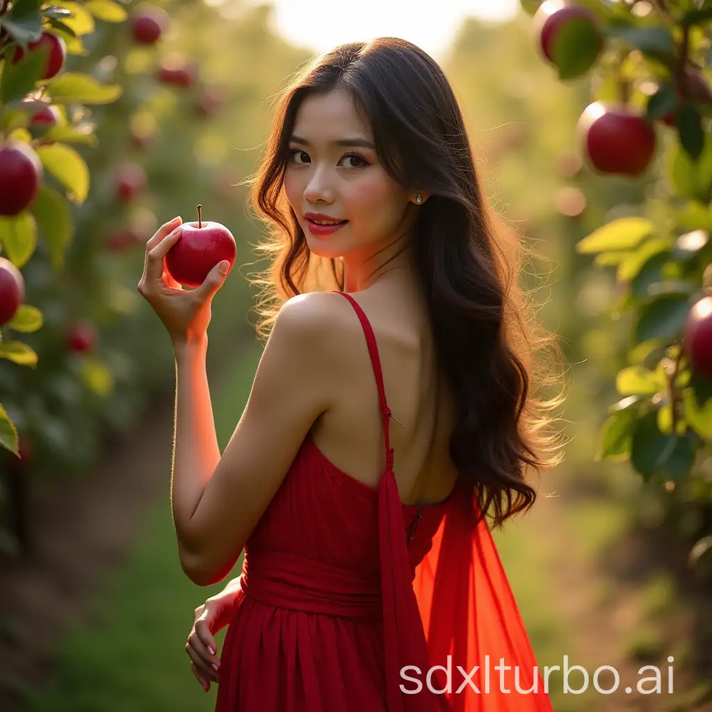 Character Description A captivating Thai woman, wearing a flowing red dress, standing with a serene expression. Her long, wavy hair adds elegance to the scene. She holds a red apple in one hand. Scene Setting She is standing in the middle of an apple orchard. The sunlight filters gently through the trees, casting soft shadows on her skin and the surrounding apples. Foreground Elements The foreground features blurry apple leaves, creating a natural frame for the subject. Lighting and Atmosphere The sunlight creates warm, dappled light across her and the apples, enhancing the beauty of the natural setting. The overall scene has a calm and harmonious feel, blending nature with femininity.