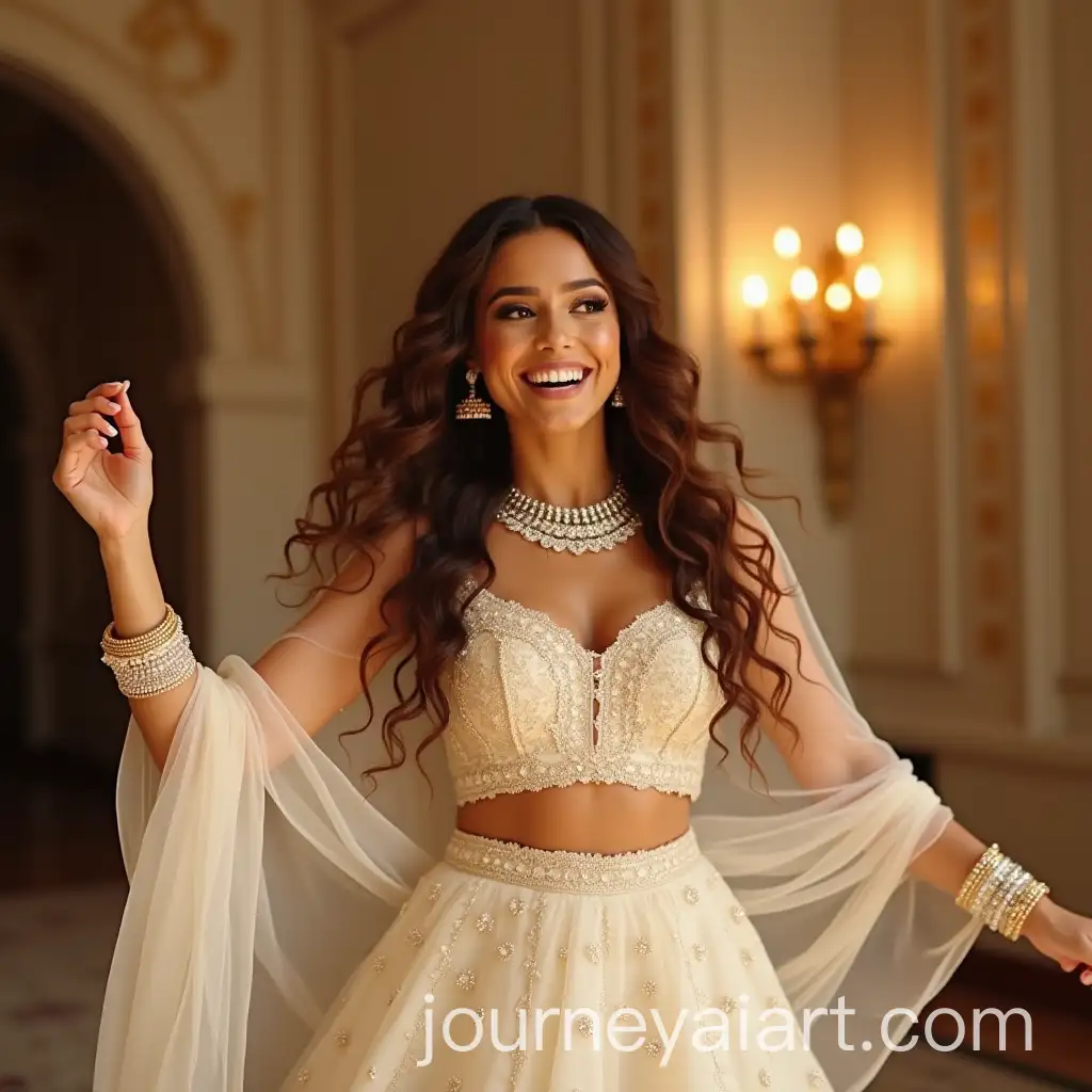 European-Bride-in-Indian-Wedding-Outfit-Dancing-in-White-and-Gold-on-Wedding-Day