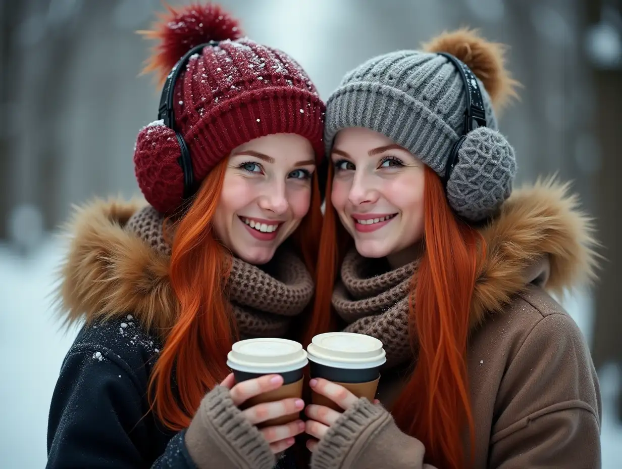 two redhead twins with two cup of cofee flirting with the camera, winter clothes, earmuffs, volumetric pro light, pro art photo, illustration, high exposure, cinematic dark grey tones, masterpiece, best quality, realistic, outdoor