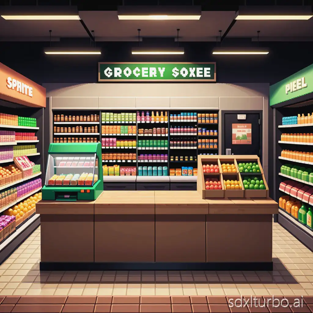 8 bit Pixel art, a frontal view of a small modern grocery store, counter, cash till register on counter, shelves behind counter with bottles and small boxes of assorted groceries, blocky pixel, low colour palette, pixel dithering for shading, game, sprite, frontal view