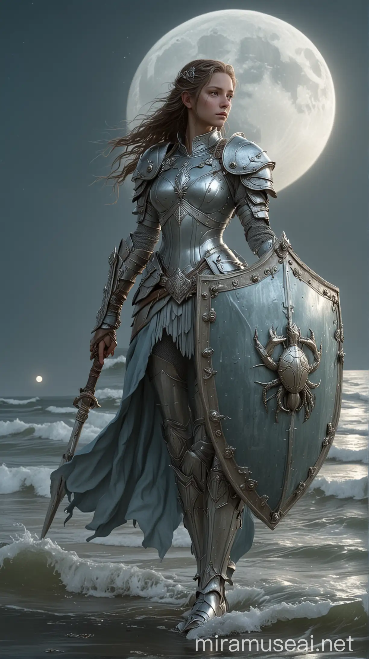 Graceful Warrior in Silver and Blue Armor with Crab Shield by the Sea