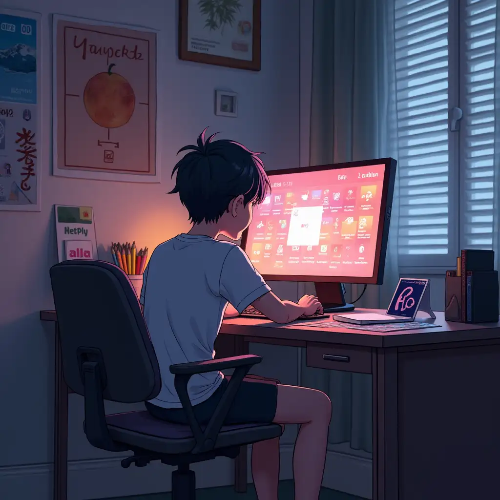 Anime boy, concentrated, digital art, glowing screen, color swatches scattered on desk, room with [color 1] walls, [color 2] desk, [color 3] curtains, [color 4] posters