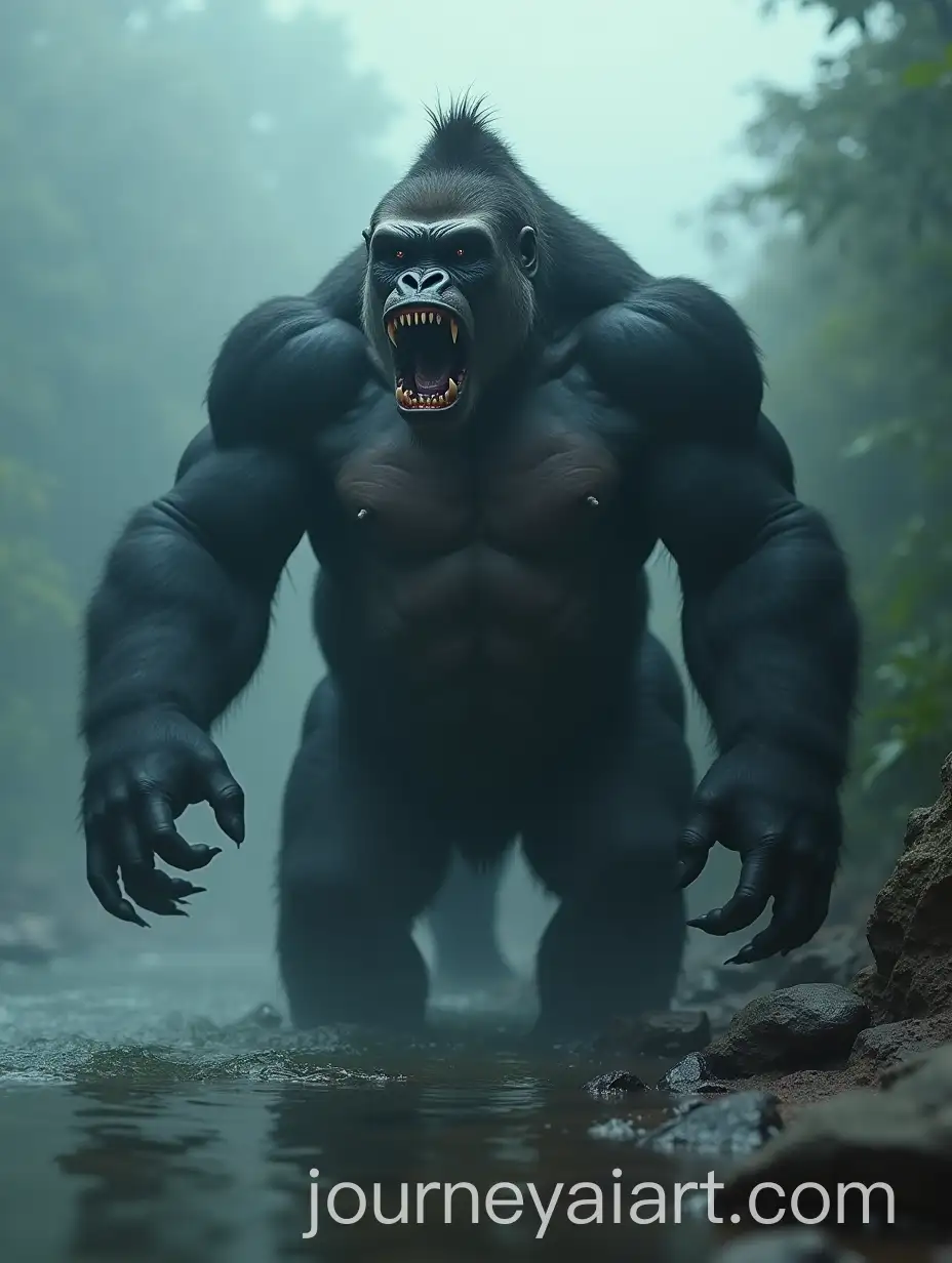 Hybrid-GorillaCatfish-Creature-Emerges-on-Misty-Riverbank
