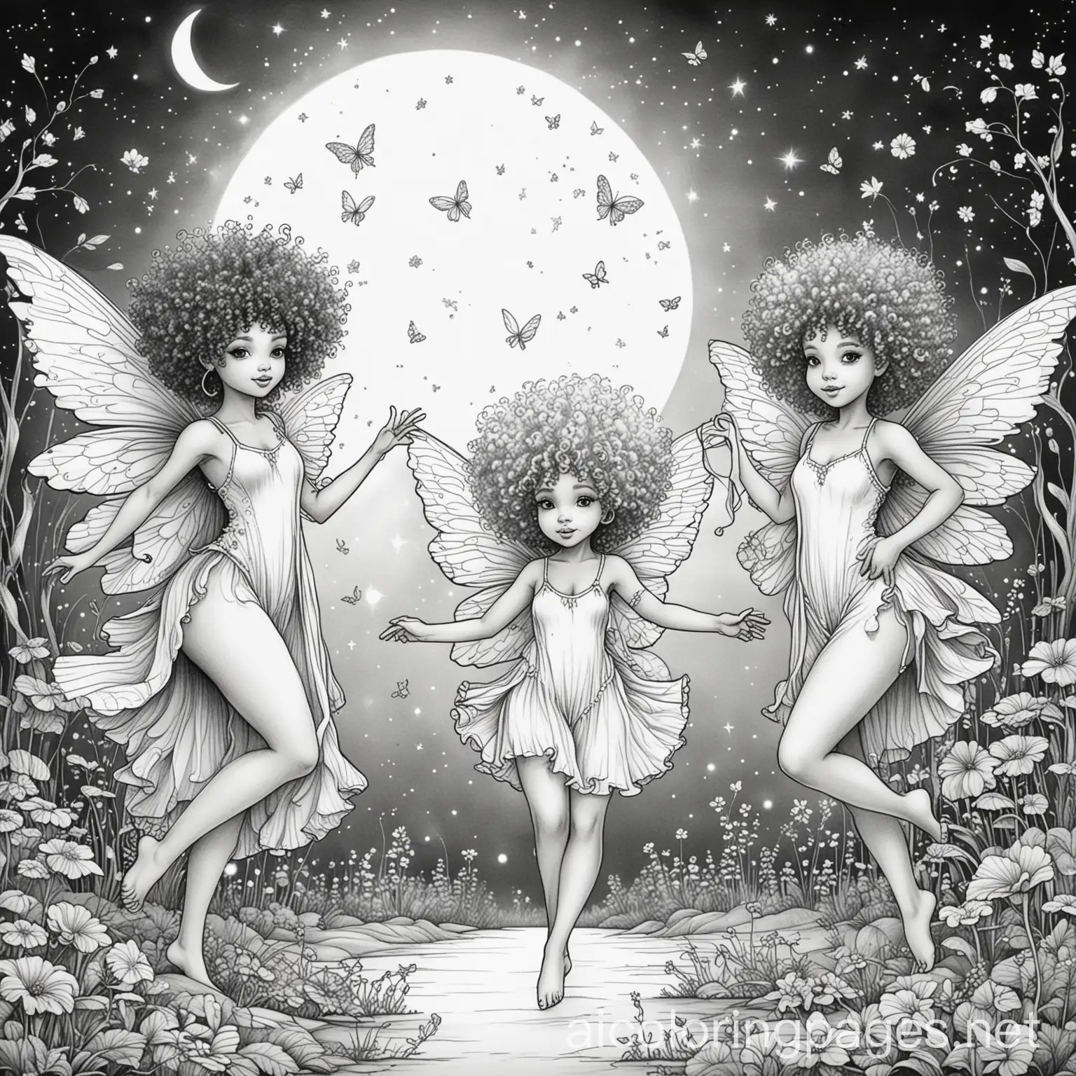 Moonlit-Dance-of-Fairy-Afros-Coloring-Page