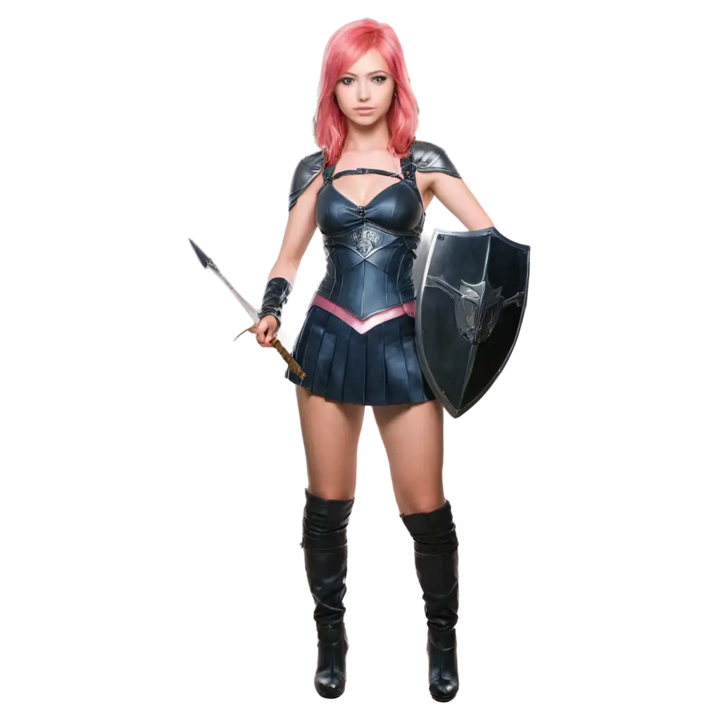 MangaStyle-PNG-Image-of-a-Woman-with-Pink-Hair-Spear-and-Shield-HighQuality-Image-for-Versatile-Use