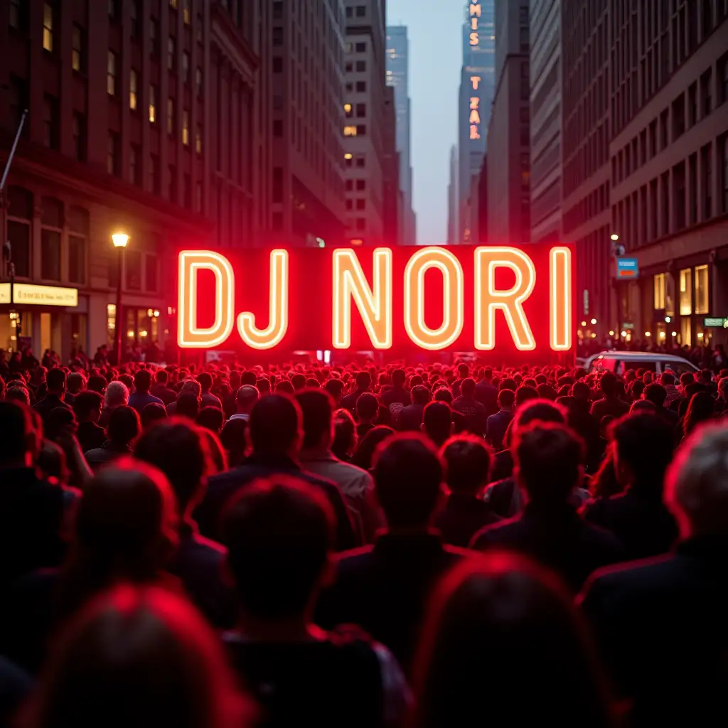 Crowd of people are all looking on a huge red neon sign of “DJ NORI” in the middle of NY city. People stand next to their cars, and people on the street are all looking.