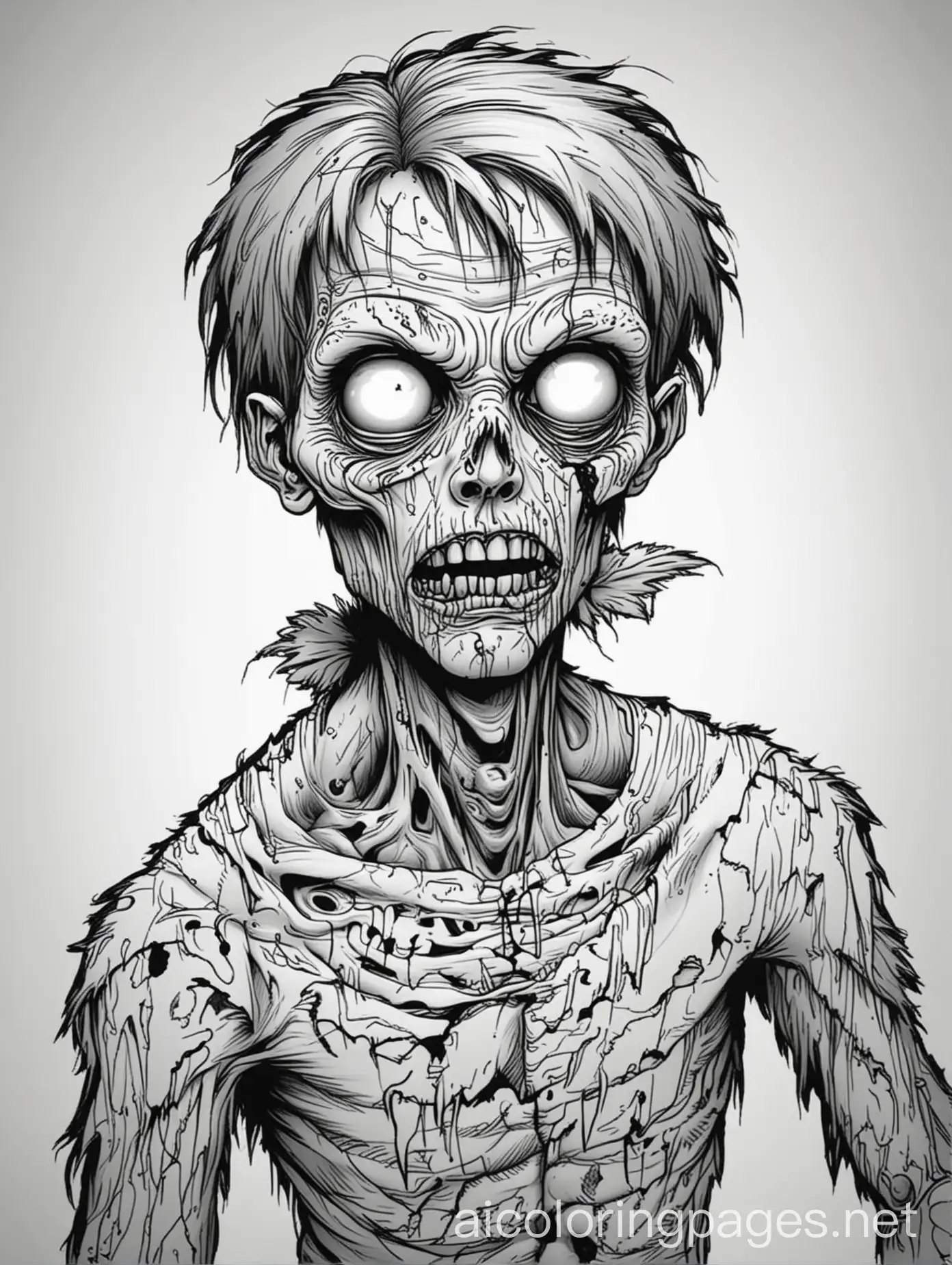 scary zombie, black and white, , Coloring Page, black and white, line art, white background, Simplicity, Ample White Space. The background of the coloring page is plain white to make it easy for young children to color within the lines. The outlines of all the subjects are easy to distinguish, making it simple for kids to color without too much difficulty