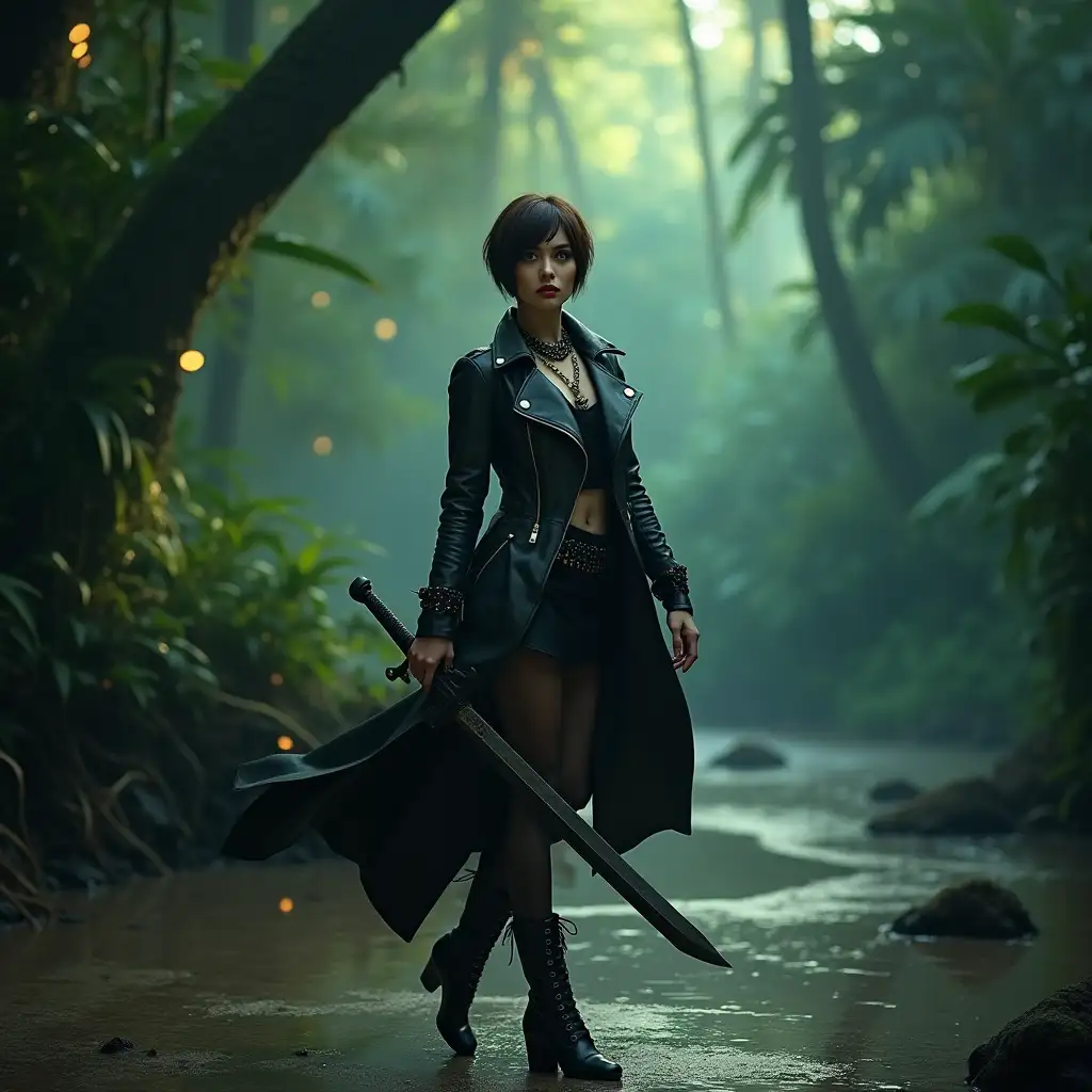 Young-Woman-in-Black-Leather-Boots-Dancing-Ballet-in-a-Mystical-Jungle