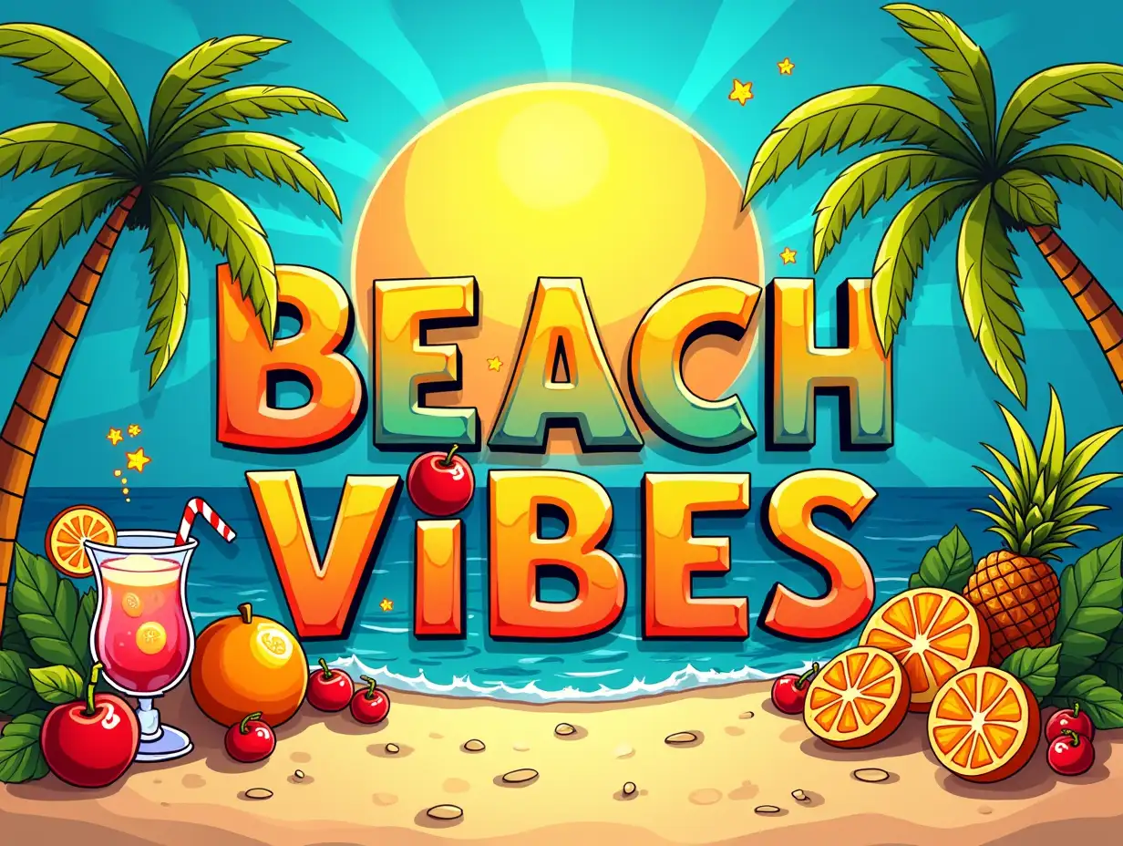 Vector illustration, Art style: stained glass, Simple lines. Create a vibrant beach scene illustration with bold, colorful lettering that reads 'BEACH VIBES,' set against a sunny tropical backdrop. The background features a bright blue sky, a cheerful sun, and palm trees. Include tropical fruits like oranges, pineapples, and cherries scattered throughout. Add playful elements such as colorful cocktails, a smiling face, and various beach items. Use a lively, cartoonish art style with warm yellows, bright greens, and vivid blues to capture a fun and relaxing summer vibe.