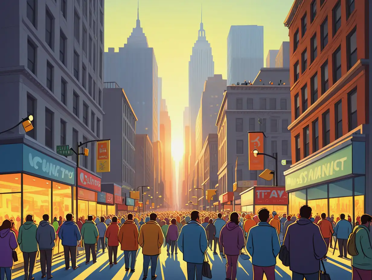 Cartoon Cityscape Morning Bustle with Vibrant Colors