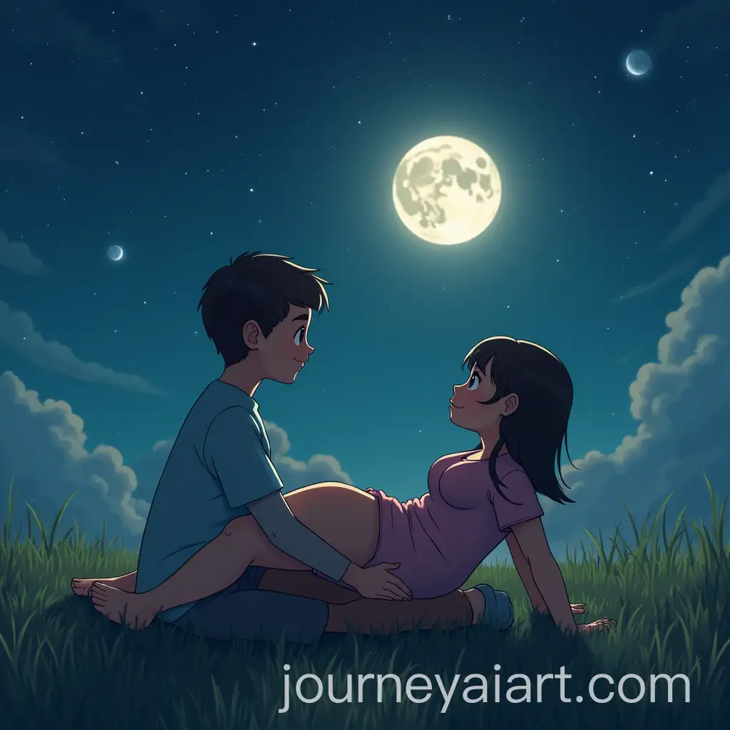 Chubby-Girl-and-Boy-Watching-Full-Moon-in-Starry-Field
