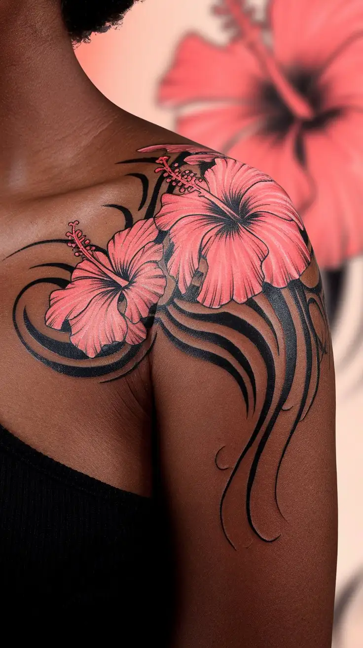 CloseUp-of-Black-Womans-Shoulder-with-Hibiscus-and-Tribal-Fusion-Tattoo