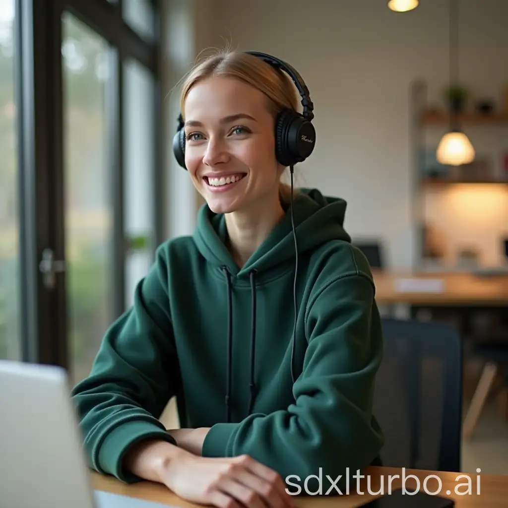 A friendly robot chatbot lady, sitting at a minimalist desk in a cozy, modern workspace in dark-green hoodie with headphones