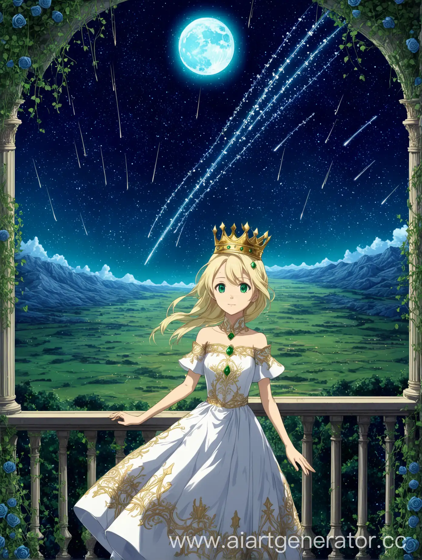 Anime-Girl-in-Formal-White-Dress-with-Golden-Patterns-on-Balcony-Under-Starry-Night-Sky