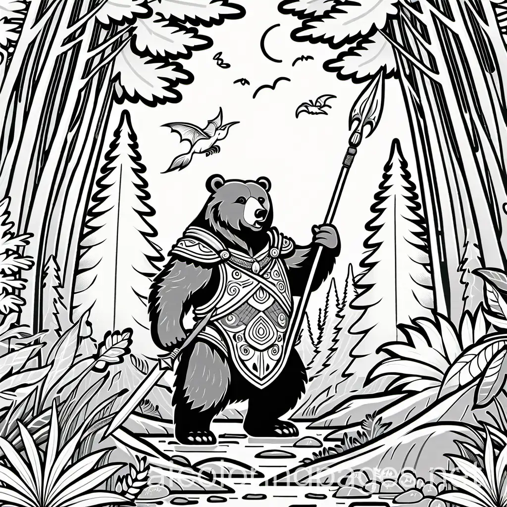 Fantasy-Bear-with-Spear-Talking-to-Dragon-Coloring-Page