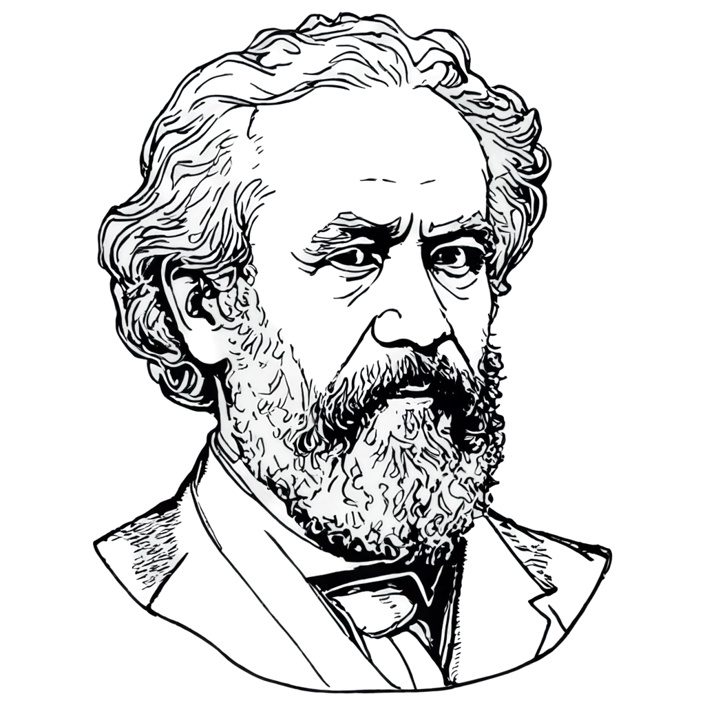 Black and white line drawing of Karl Marx head and neck portrait looking left into the distance