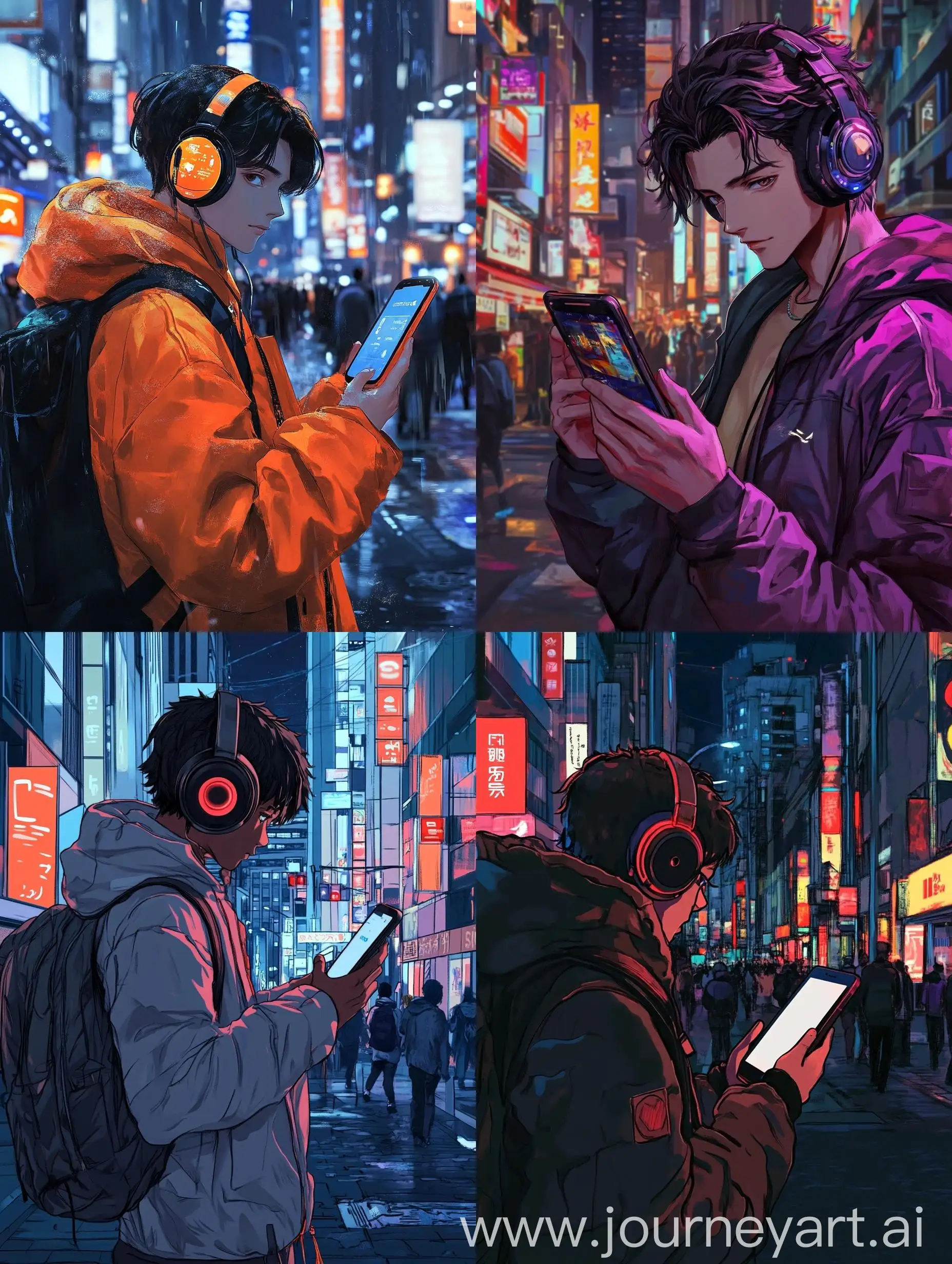 Anime-Style-Guy-with-Big-Headphones-Showing-Phone-Screen-in-City-Street