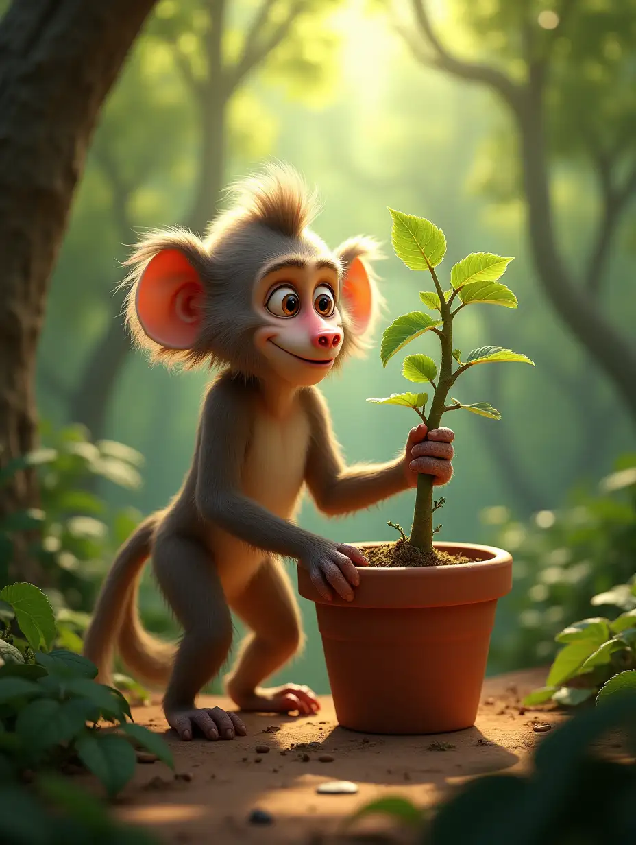 Create a paid 3D animation Disney PicsArt showing an old mandrill named Nala Nala with soft light brown or large fluffy and furious hair that is moving a magical tree seed to a larger pot. A lush mangrove with sunlight filtering through the leaves, natural sounds and atmosphere where Nala looks active and playing with her known friends displaying joy and beauty (mandrill)