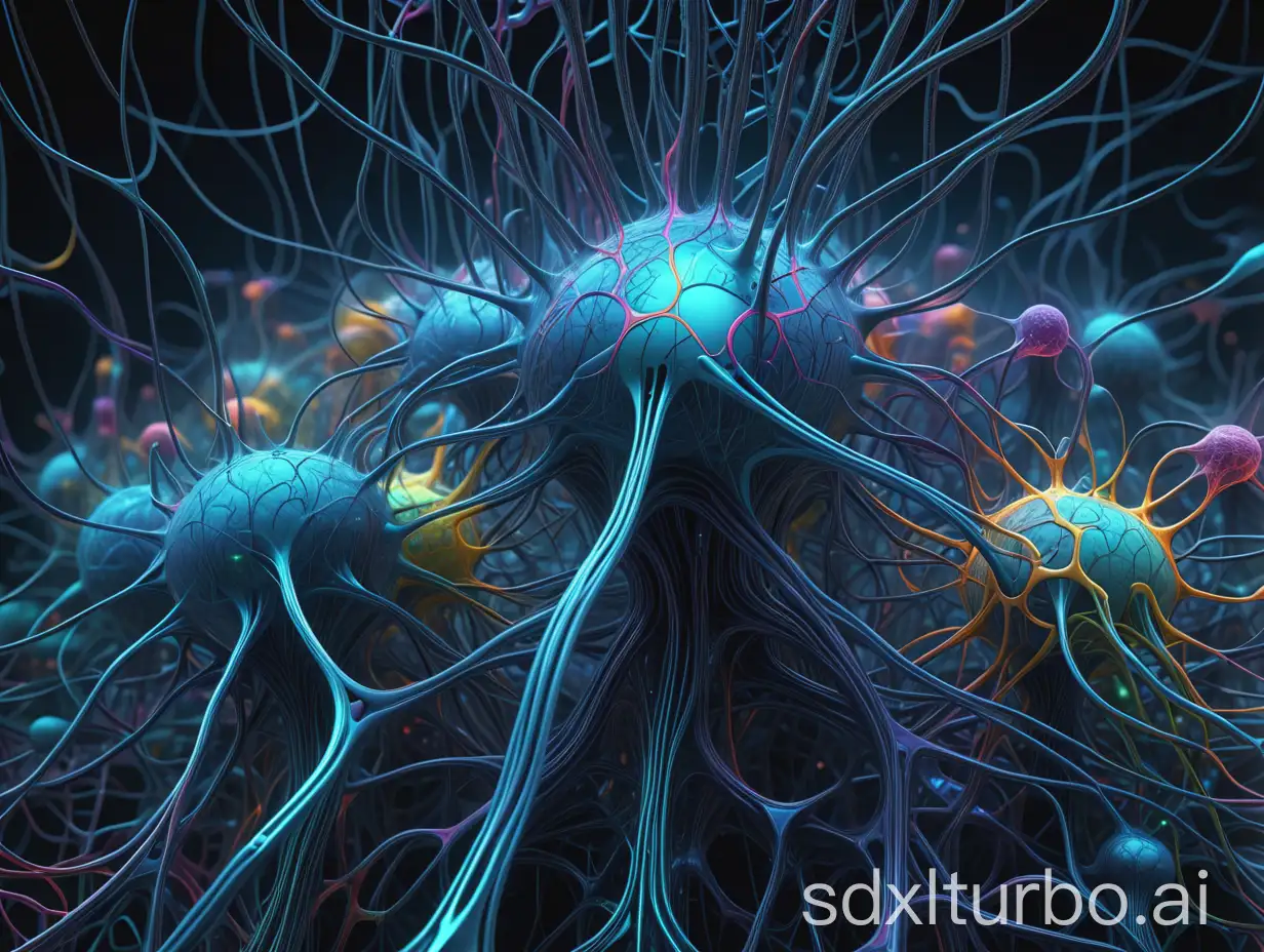 An artistic 3D design of many biological neurons and synapses forming something similar to a digital Central Processing Unit, hyper-detailed, futuristic, bioluminescent elements, vibrant colors, intricate network design, digital art, masterpiece quality, by H.R. Giger and Greg Rutkowski, 8k resolution, cinematic lighting, visually stunning