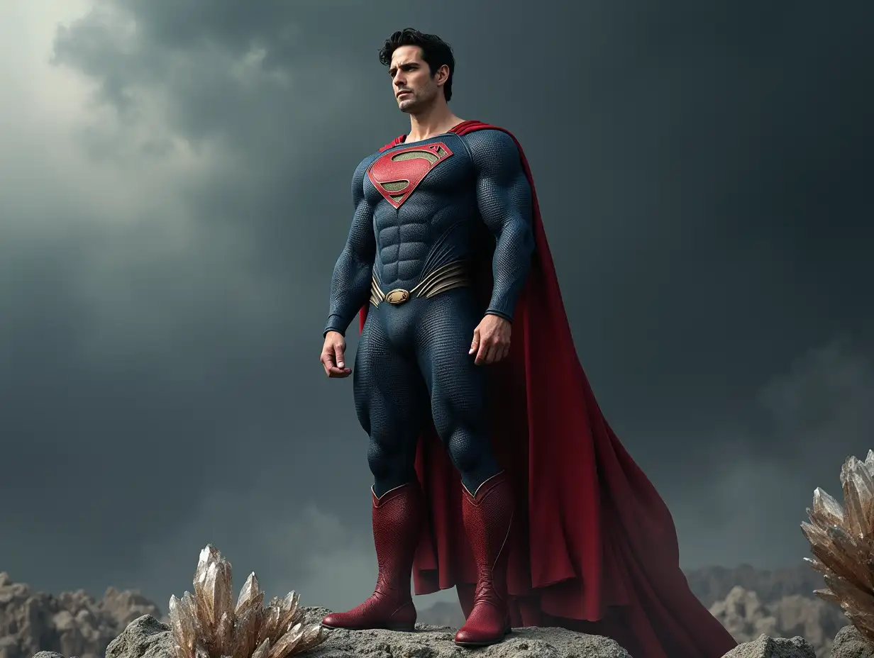 henry cavill-superman portrait with grey costume stands on a rock with crystals