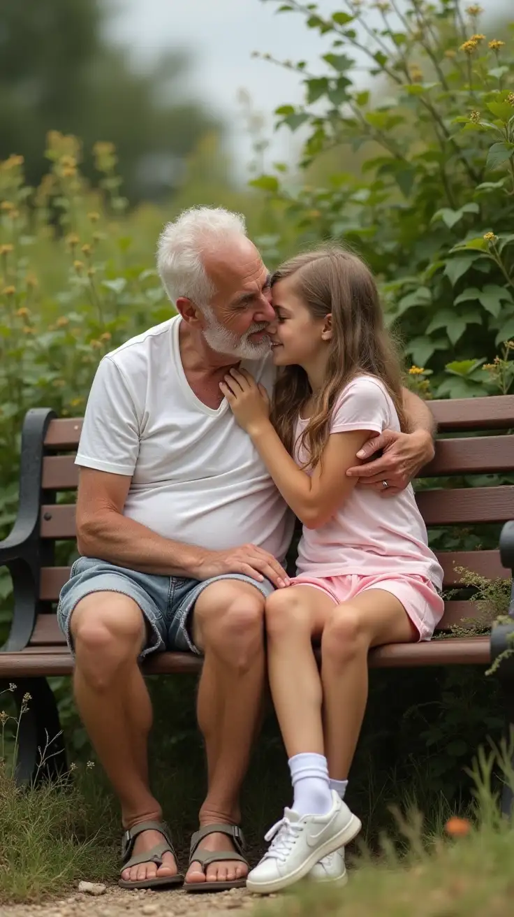 The caucasian girl age 13 is really cuddking her grandad on a bench in the countryside . Its summer time. The grandad is wearing shorts. The beautiful caucasian young girl is wearing a small pink shorts and small white nije socks and white nike trainers . They look beautiful together cuddling each other. Bushes and over grown weeds . Private area. Sunny hot day. Innocently cuddling