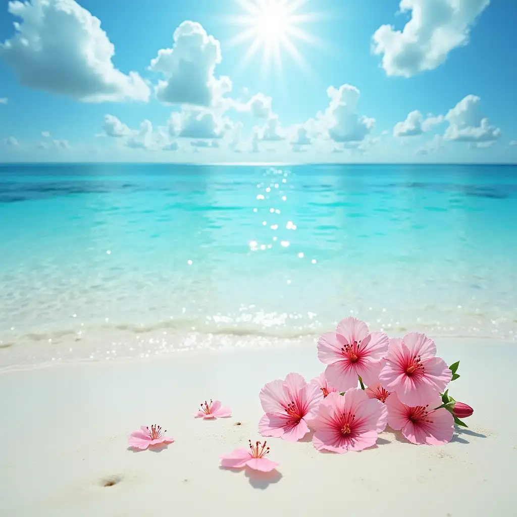 ocean, white sand, flowers in water