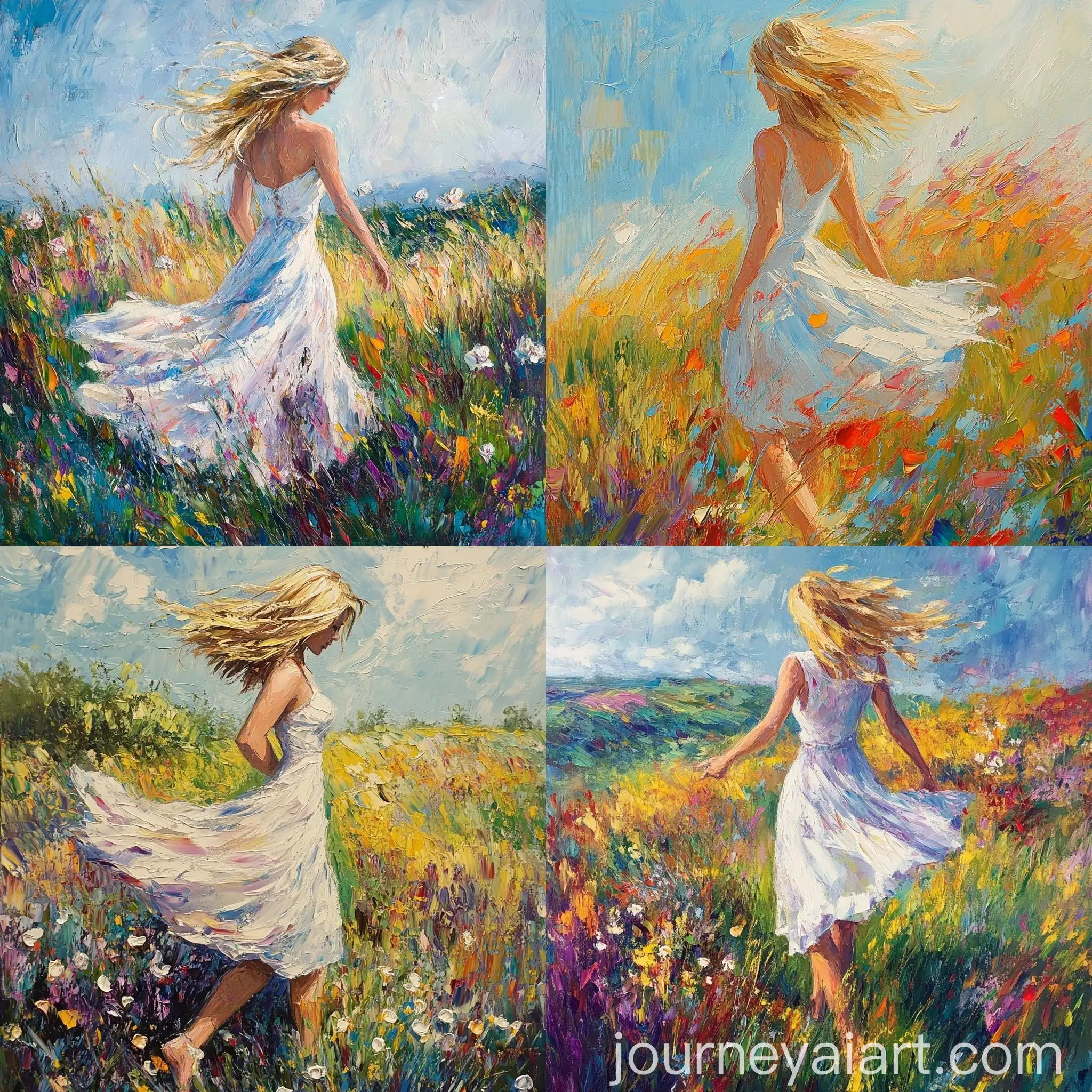 Impressionist-Oil-Painting-of-Blonde-Woman-Walking-in-Colorful-Meadow