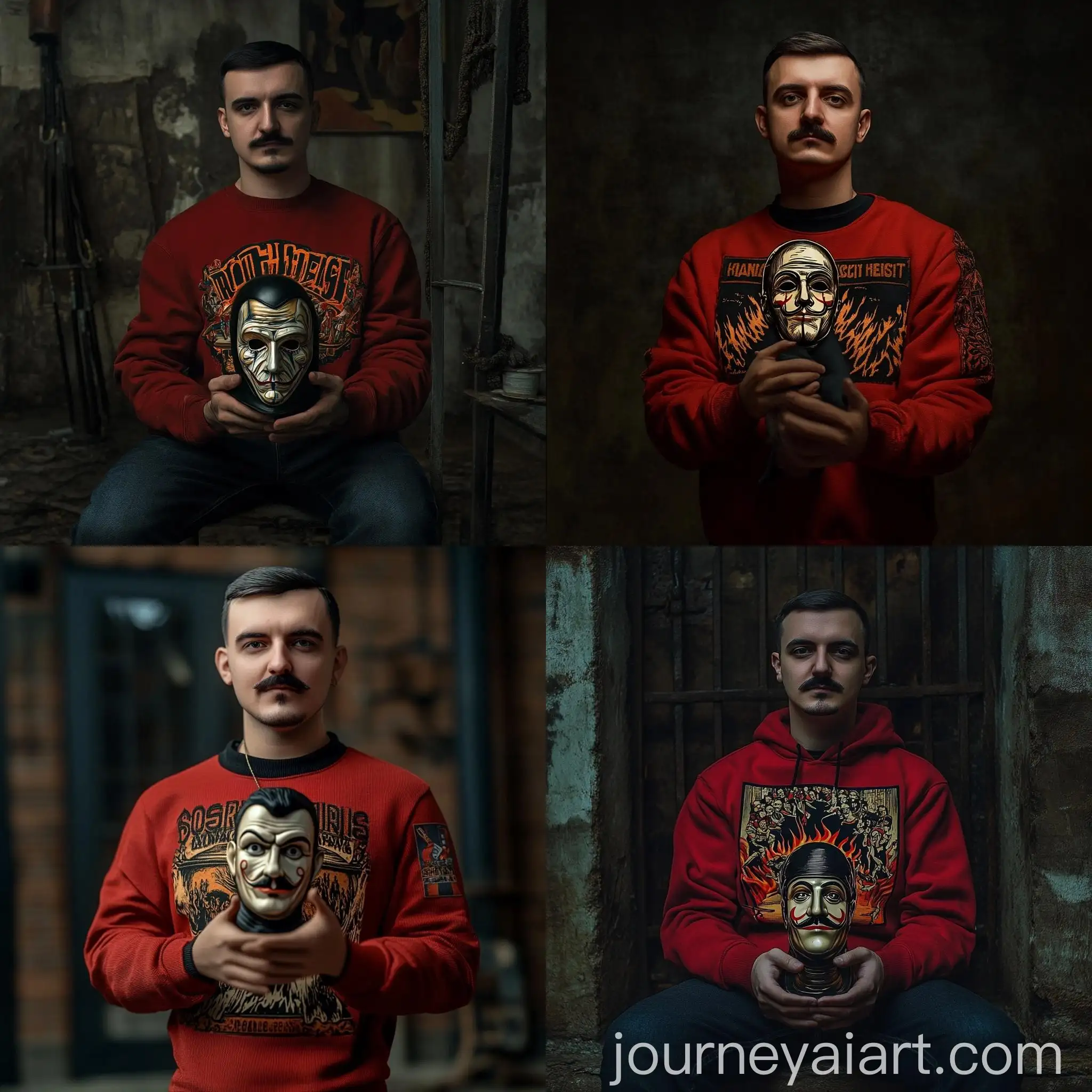 Money-Heist-Character-Holding-Salvador-Dali-Mask-in-Red-Jumpsuit