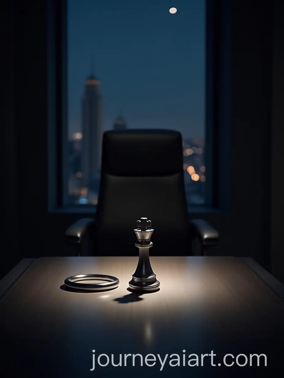 Empty-Executive-Chair-and-Chess-Piece-in-Dimly-Lit-Boardroom-with-City-View