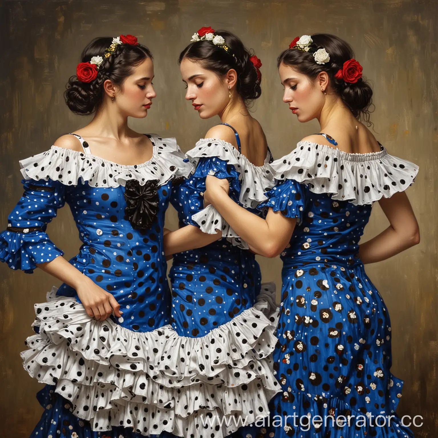 Spanish-Women-Dancing-Flamenco-in-Blue-Polka-Dot-Dresses-with-Roses-Inspired-by-Gustav-Klimt