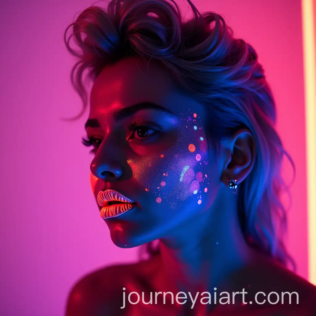 Girl-with-Styled-Hair-in-Neon-Room-with-Glowing-Paints