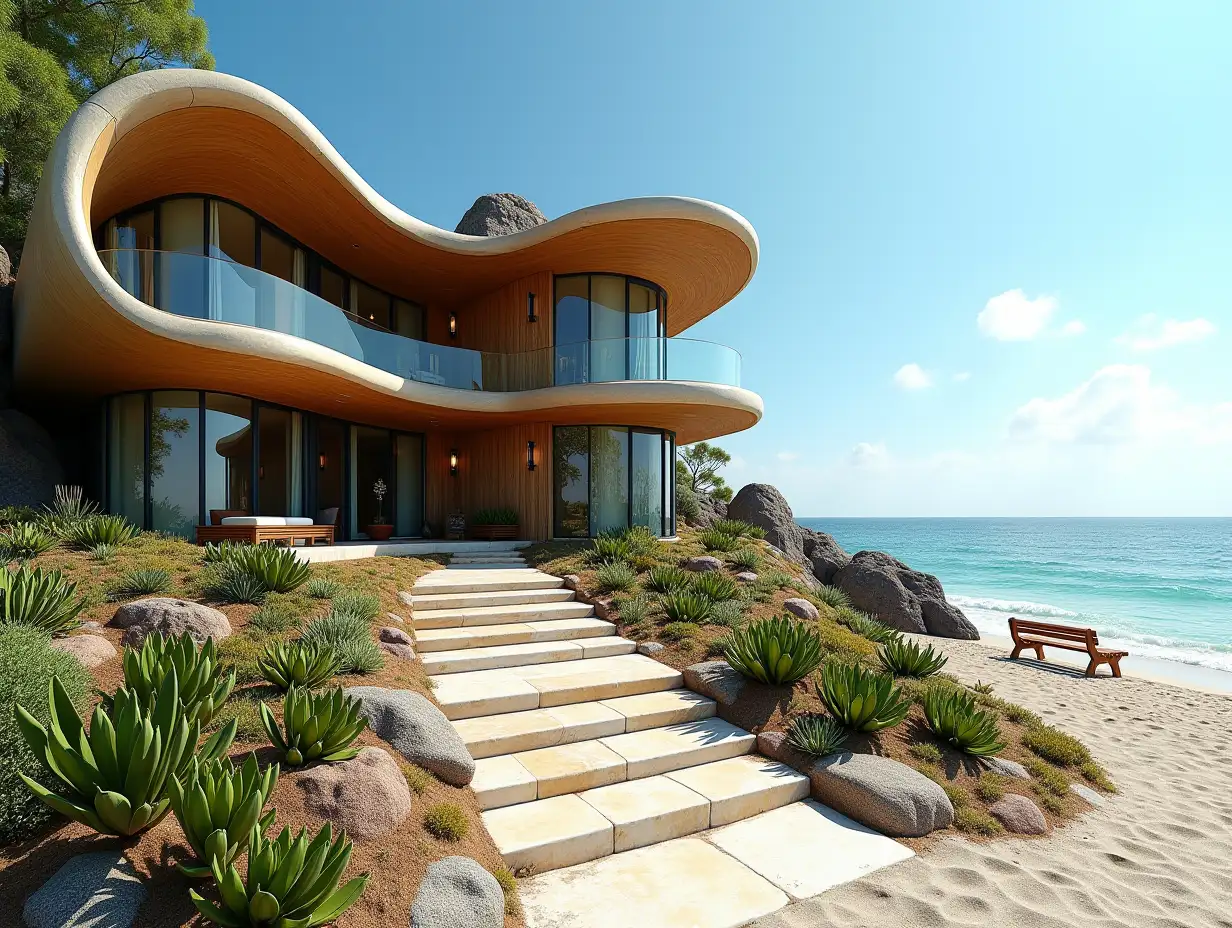 Crooked house with side line to the beach  Planting-with wood Stuck in form of plant ornament, large windows with glass to, curved, smooth window shapes, winding big entrance step made of marble complex, curved roof with dike, lanterns, bench on the beach with  lend their view to the sea 4K resolution colorful wide-angle shots