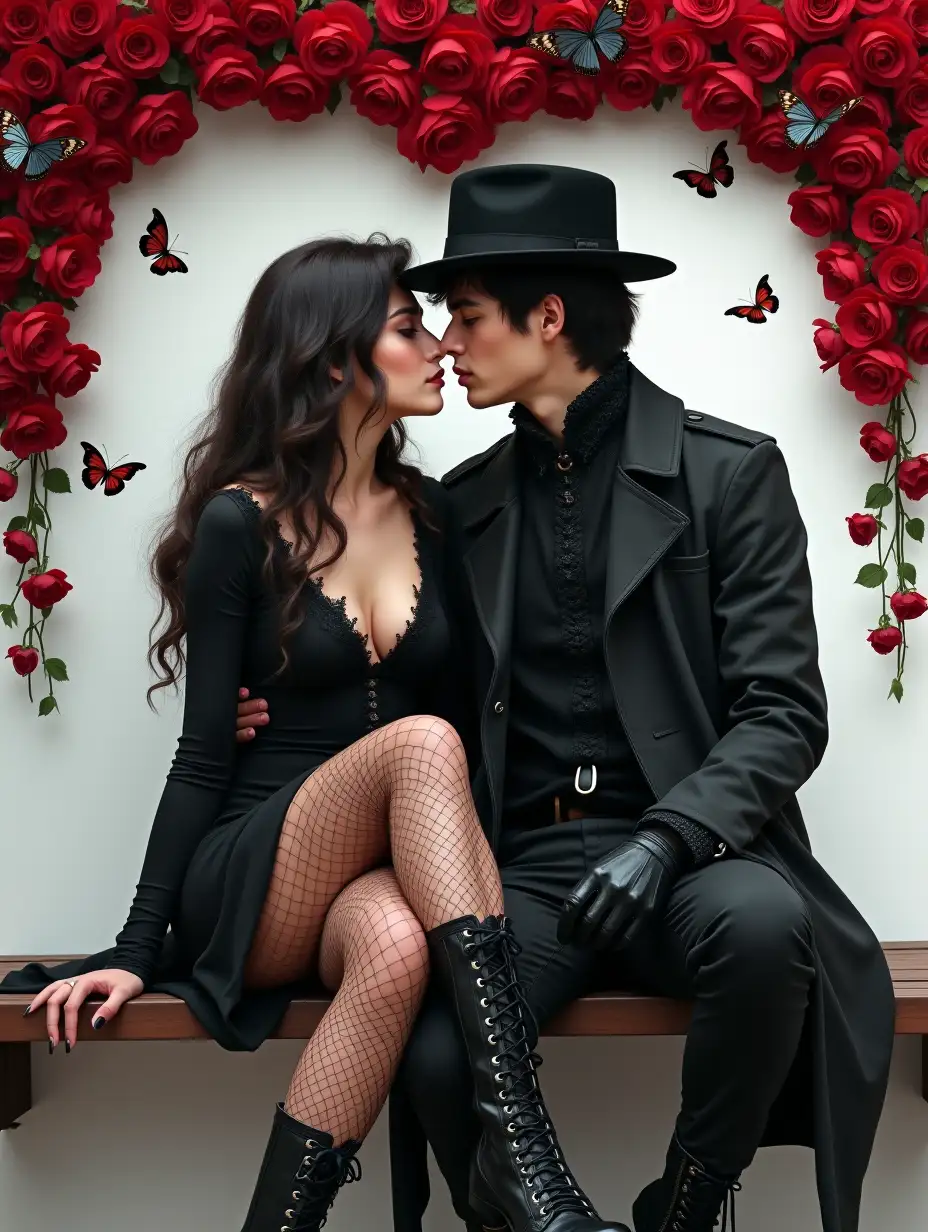 The image is a work of digital art, which depicts a young woman with a man in love with her, a couple sitting on a bench. The woman is wearing a black dress with a low neckline and long sleeves. She has long dark hair, styled in loose waves and falling over her shoulders. She is also wearing black lace-up boots and thigh-high fishnet stockings. The man is wearing a stylish black hat and a Gothic-cut black raincoat, as well as lace-up boots. The background of the image is filled with red roses and black butterflies, which creates a striking contrast with the white wall behind it. The roses are arranged symmetrically, some of them overlap each other. The general mood of the work is romantic, with a sense of mystery and intrigue.