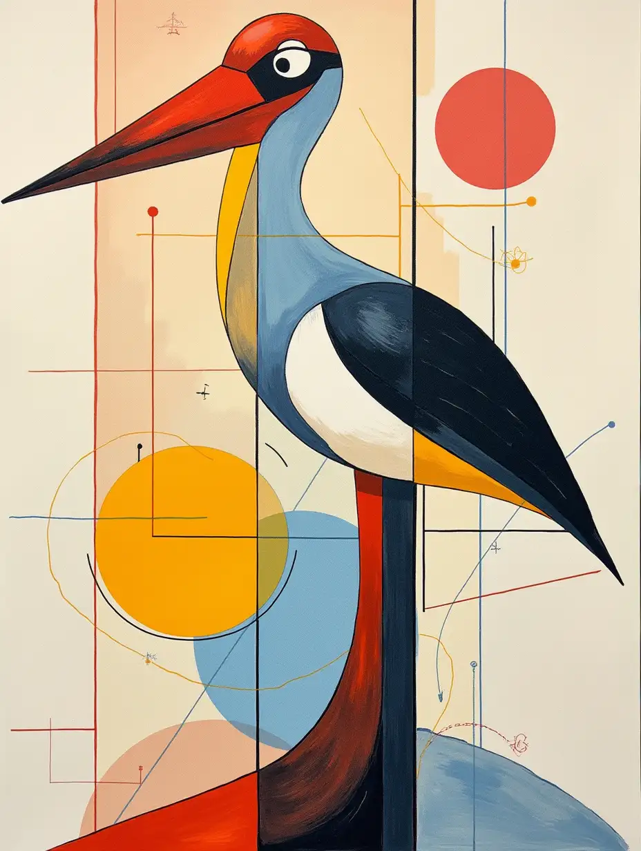user_prompt: A grid pattern, simplified, schematically depicting a stork portrait in the style of Kandinsky, Malevich, minimalism, suitable for a beginner artist with acrylics in many colors, constructivism abstractionism,