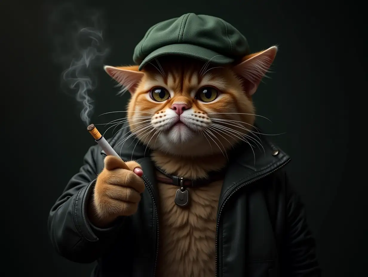 a old gruff fat cat with a cheeky face on a dark background, similar to a criminal holding a cigarette in its paw, in a green cap, in a leather jacket