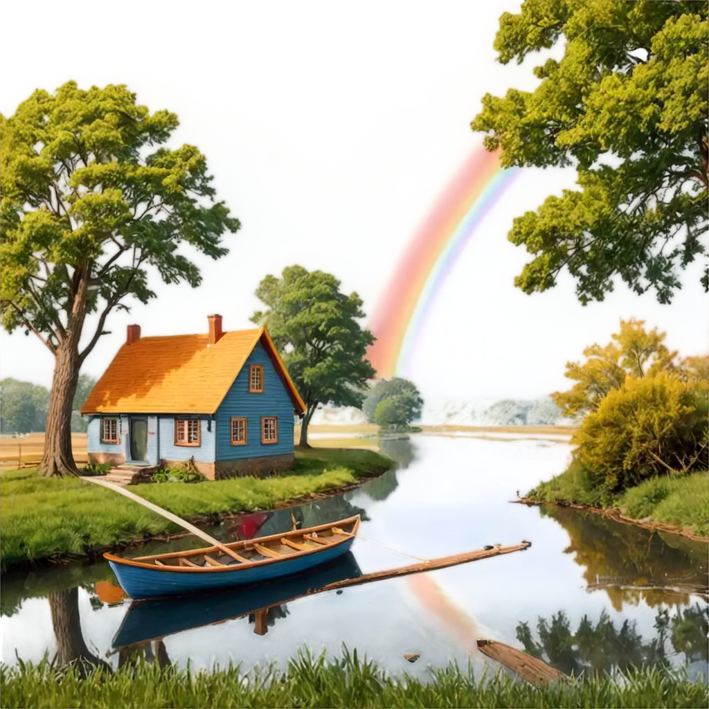 Cartoon-Style-Rainbow-and-River-PNG-with-Row-Boat-Oak-Tree-House-and-Goat-Eating-Bone-Perfect-for-Vibrant-NatureThemed-Projects