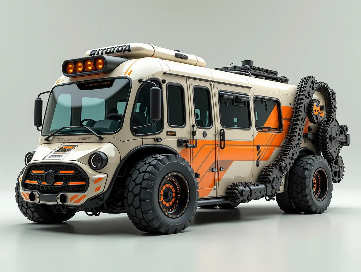 Supermodern utopian armed Sport Bus with orange stripes on the side with gears, lowered body, 18-inch rims, aluminum wheels, cream silver black Cyberpunk.