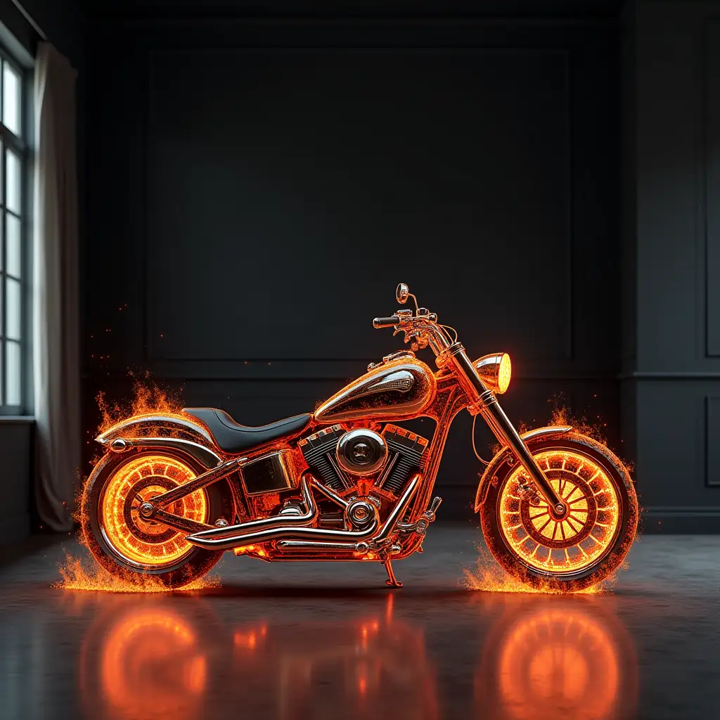 Creating a digital painting of a powerful, robust motorcycle in living room with intricate flame painting on a black wall and photorealistic love for details of parts and lighting.