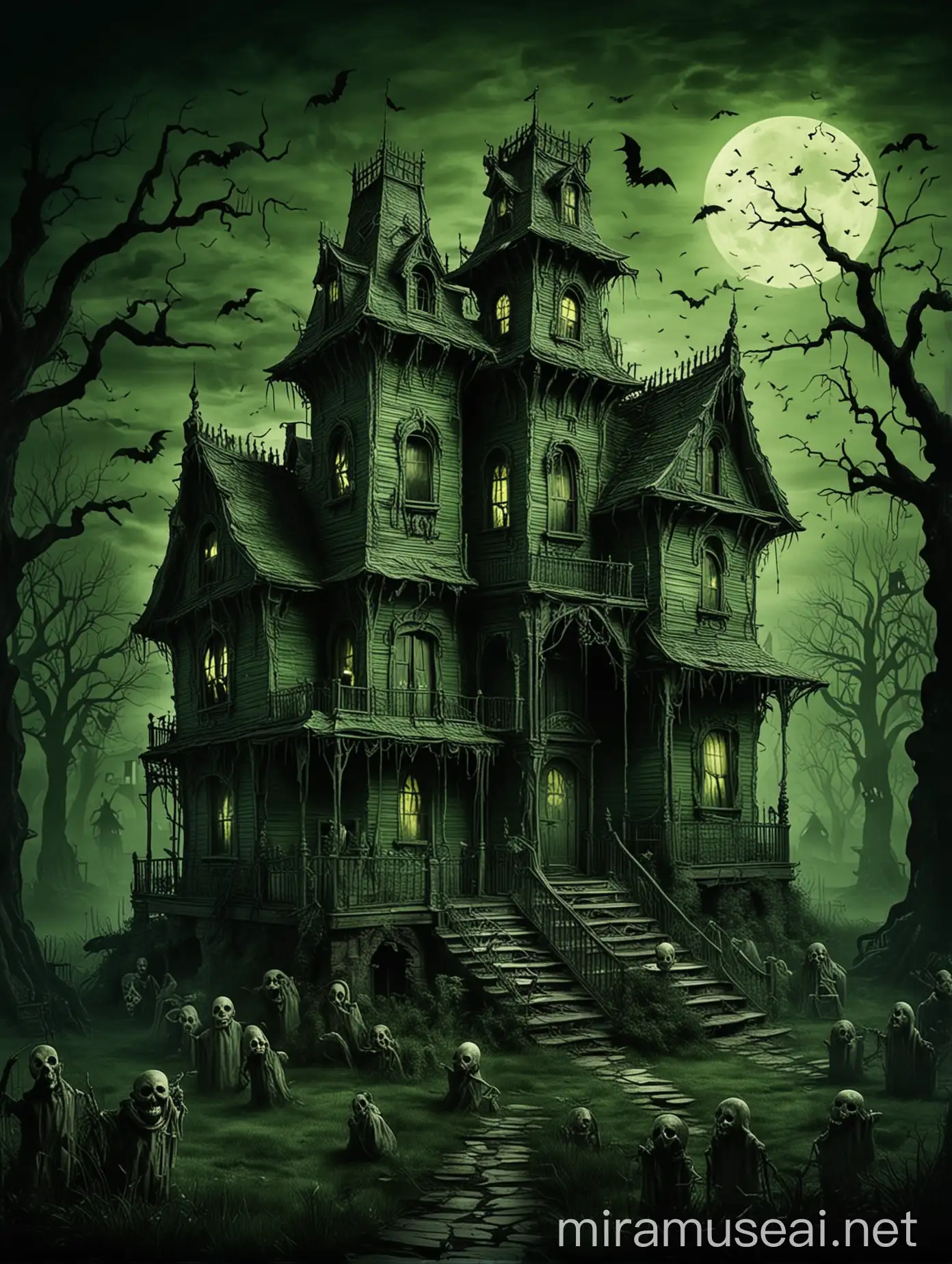 Scary Haunted House Against Green Background