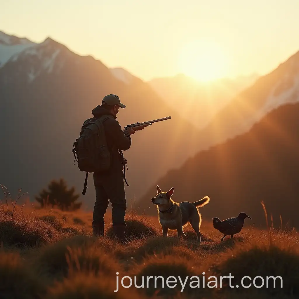 Hunter-and-Wildlife-at-Dawn-with-Rabbit-Partridge-and-Dog-in-Mountain-Landscape