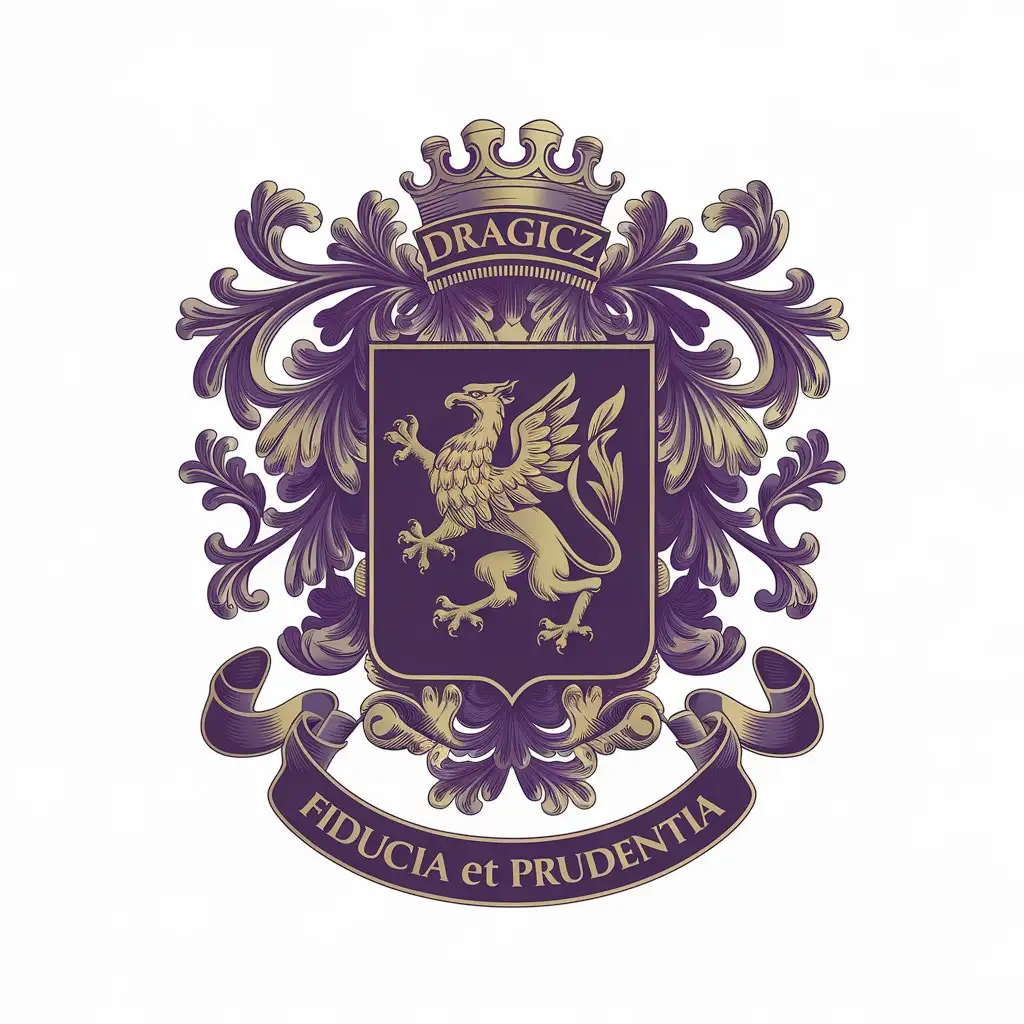 a vector logo design,with the text "Dragicz", main symbol:
1. **Shield**: Purple

2. **Heraldic symbols**:
   - **Griffin**: Golden. It symbolizes wisdom, strength and protection. 

3. **Colors**:
   - **Gold**: Symbolizes wealth, greatness, and power.
   - **Purple**: Represents stability, trust, and professionalism.

4. **Motto**: "Fiducia et Prudentia" (Trust and Caution).,complex,be used in Finance industry,clear background