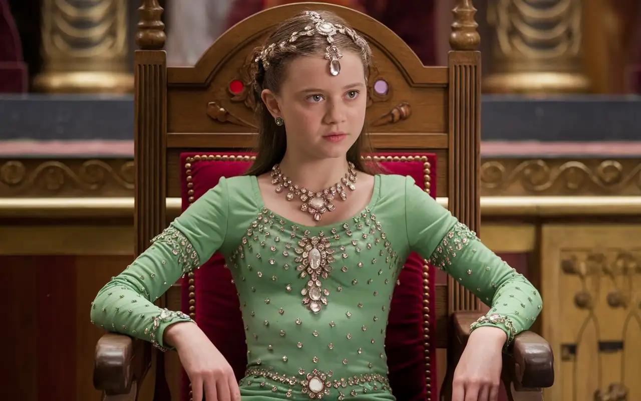 Young-Greta-Thunberg-as-a-Princess-in-a-Green-JewelryAdorned-Bodystocking-in-a-Throne-Room