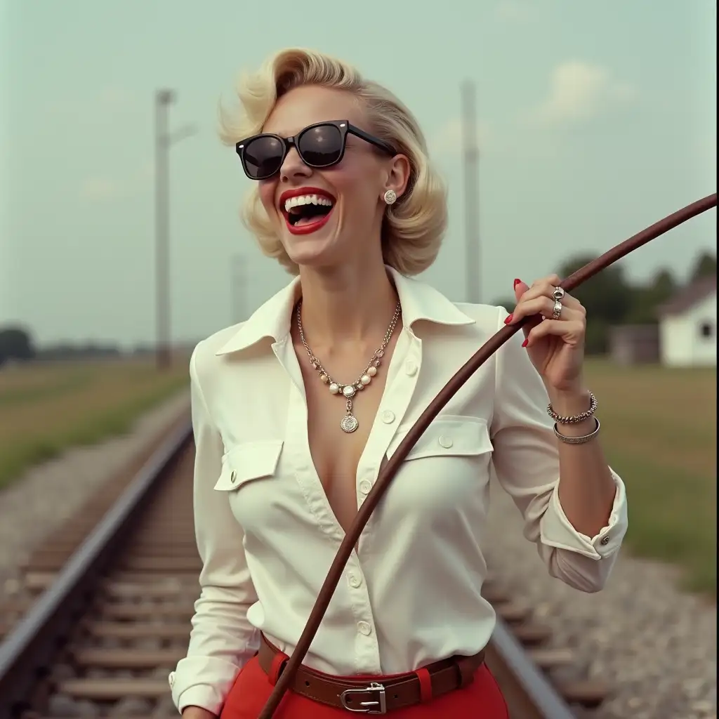 marolyn monroe, wearing an white button-up deep-necked flight school shirt, laughing with her mouth open, red lipstick accentuating her smile, accessorized with a stylish belt, holding a leather whip, jewerly, white skin, big wide hips, chest are fully grown, pilot sunglasses, two european lady walking on rails,