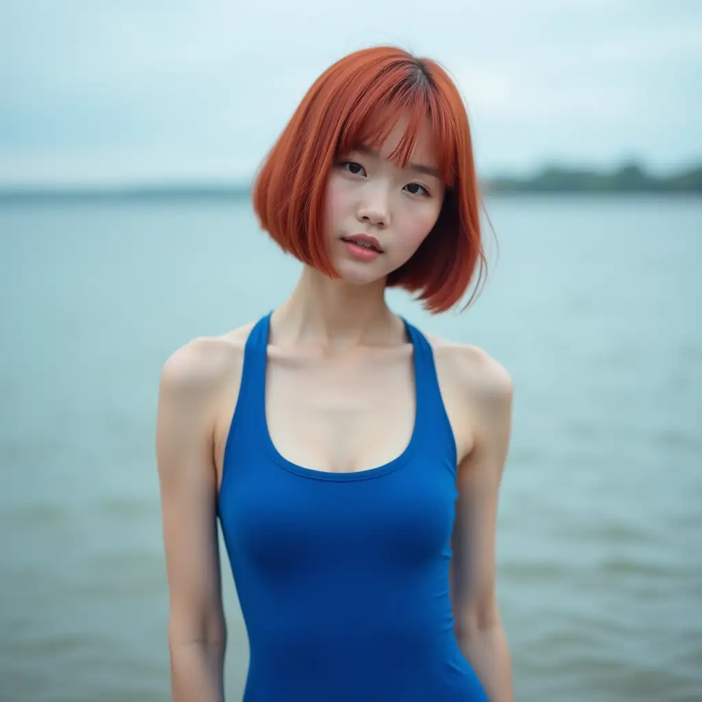 Asian-Girl-in-Cobalt-Blue-Swimsuit-by-Overcast-Lake-in-TPose