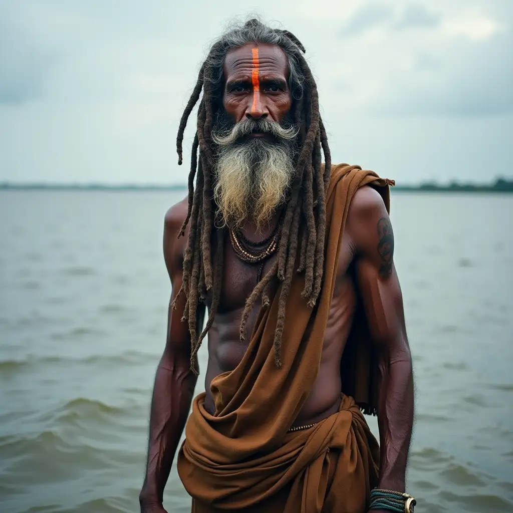 Sadhu-with-Long-Dreadlocks-in-Ganges-River-under-Cloudy-Sky