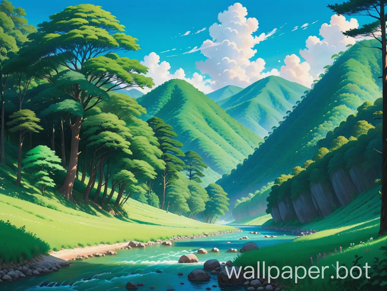 landscape, diverse forest trees, green mountains, blue skies, rich lively river, Ghibli art style, Spirited Away art style