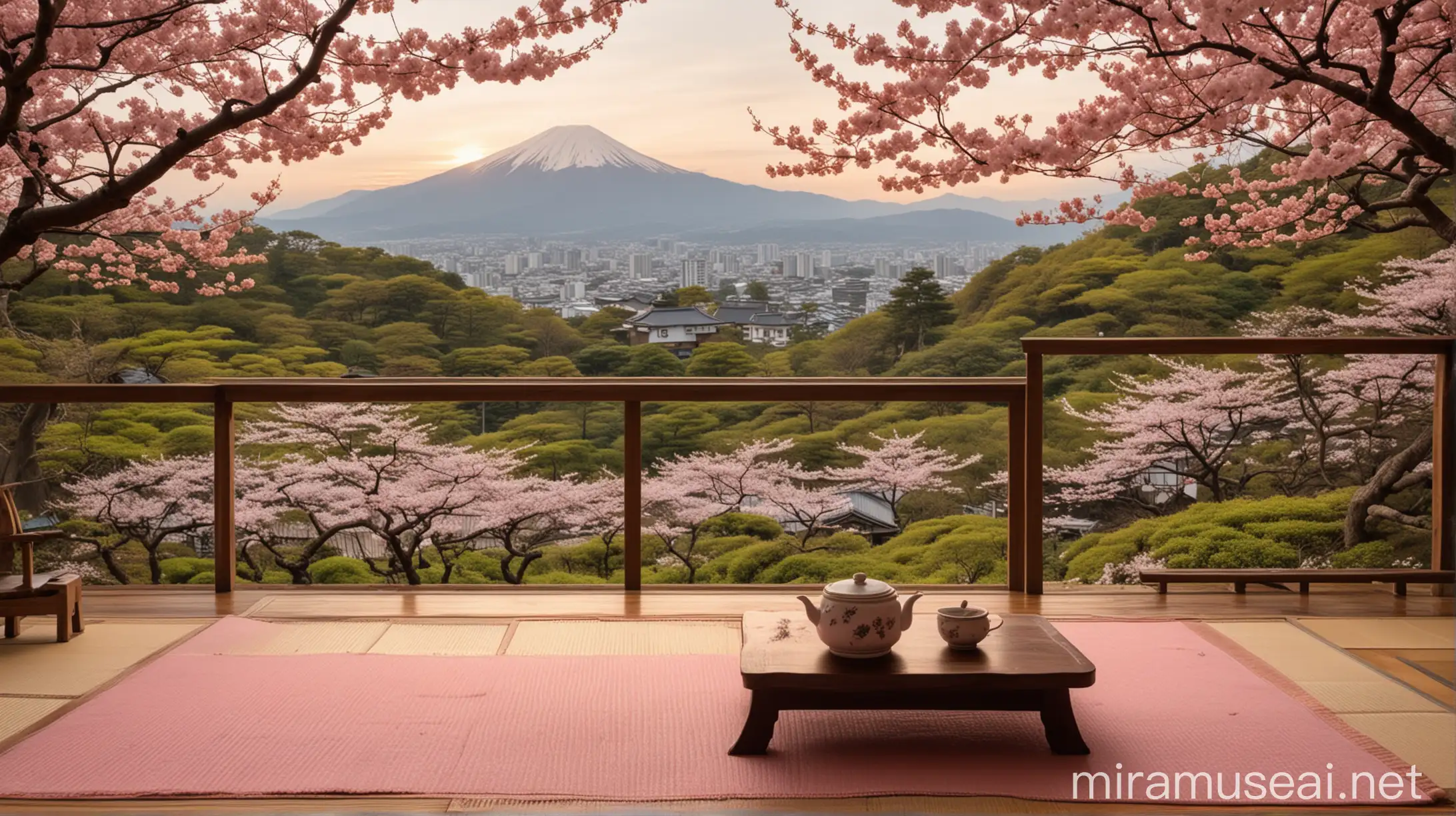 Serene Japanese House with Cherry Blossoms and Sunset