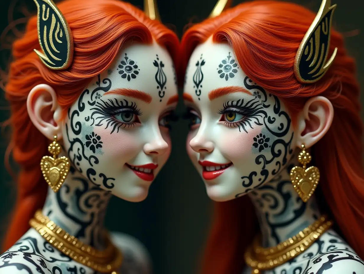 Two young black and white pattern Older Fish with Alien face, with red hair, with a slight smile on their face, highlighting their smile, modern retro jewelry, in a Temple much Gold different shades 4k