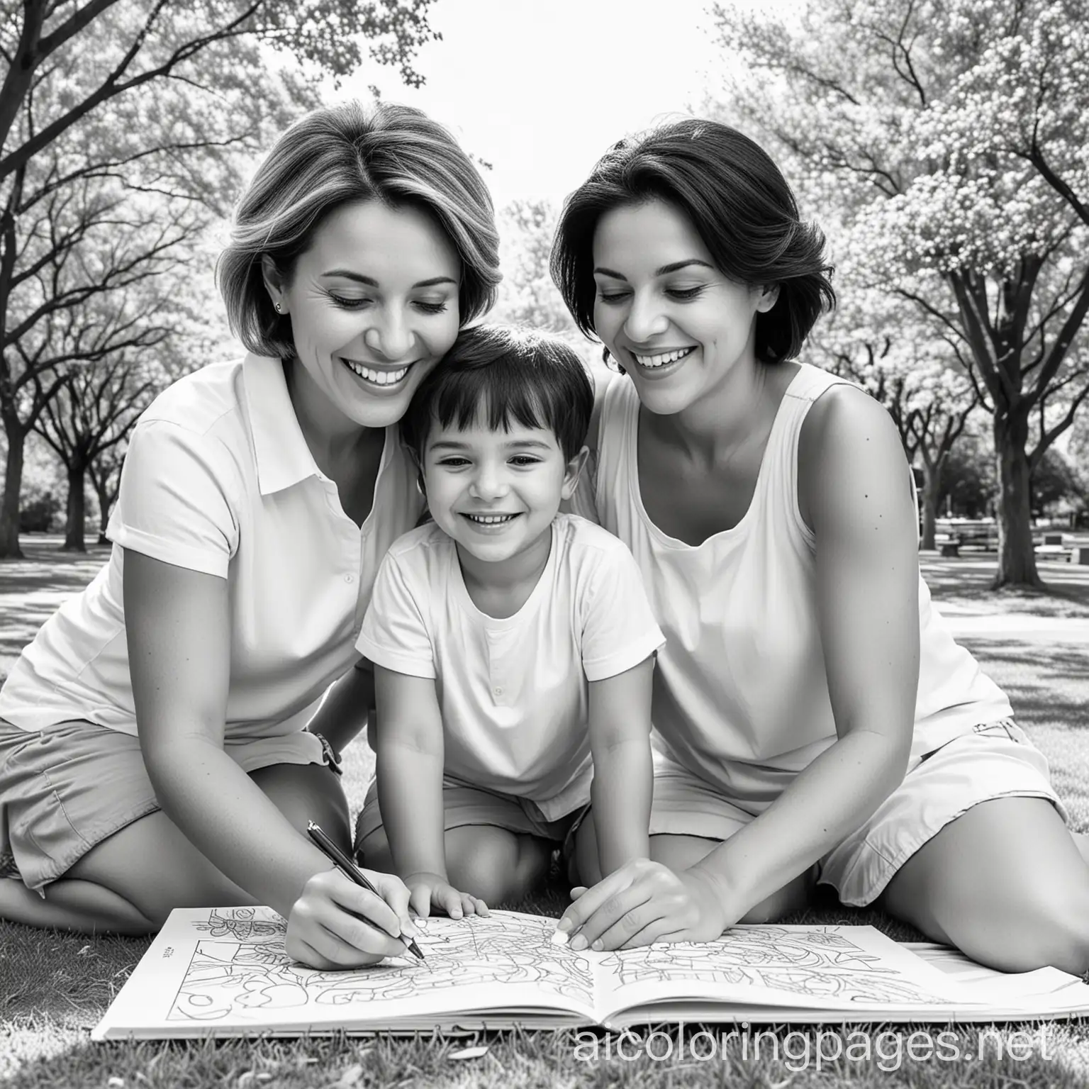 "Create a line art coloring book illustration of a middle-aged woman and a middle-aged Hispanic woman with short hair joyfully playing with a toddler boy and a 5-year-old girl in a sunny park setting.", Coloring Page, black and white, line art, white background, Simplicity, Ample White Space. The background of the coloring page is plain white to make it easy for young children to color within the lines. The outlines of all the subjects are easy to distinguish, making it simple for kids to color without too much difficulty